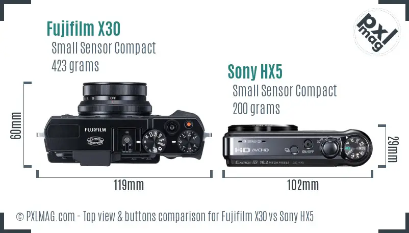 Fujifilm X30 vs Sony HX5 top view buttons comparison