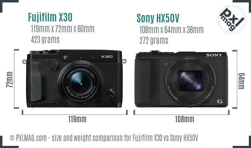 Fujifilm X30 vs Sony HX50V size comparison