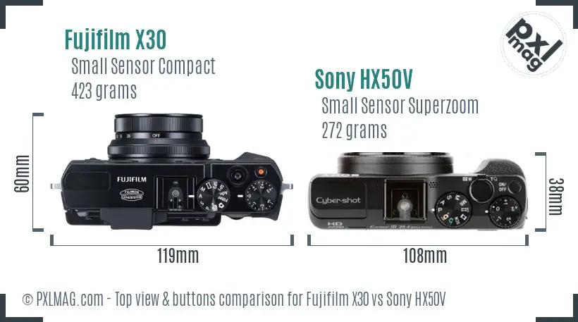 Fujifilm X30 vs Sony HX50V top view buttons comparison