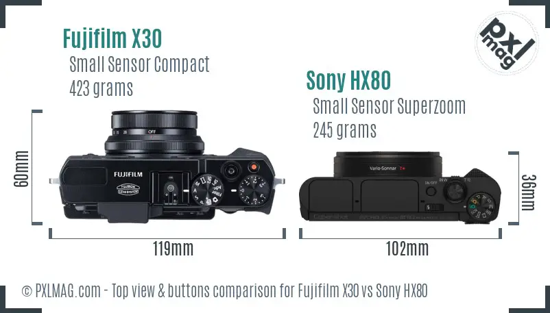Fujifilm X30 vs Sony HX80 top view buttons comparison Fujifilm X30 vs Sony HX80 top view buttons comparison