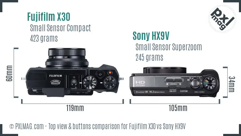 Fujifilm X30 vs Sony HX9V top view buttons comparison