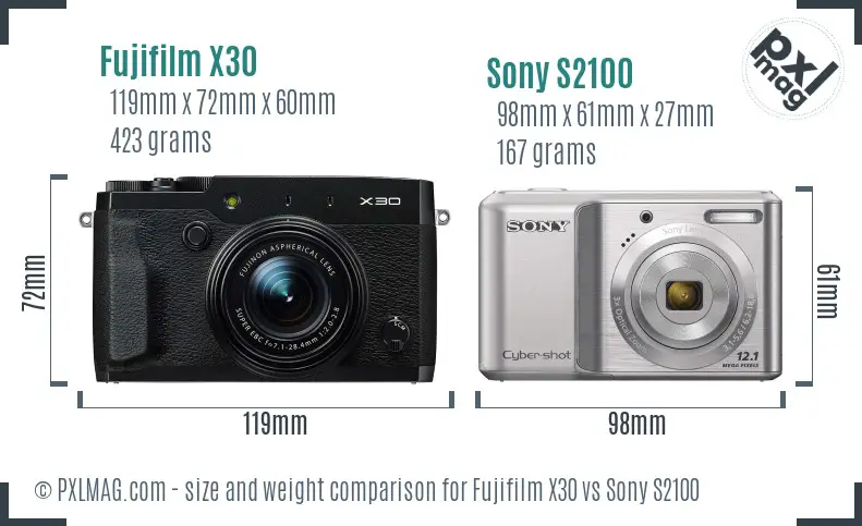 Fujifilm X30 vs Sony S2100 size comparison