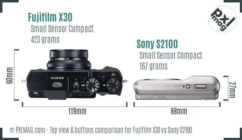 Fujifilm X30 vs Sony S2100 top view buttons comparison