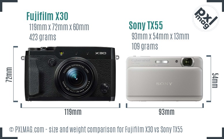 Fujifilm X30 vs Sony TX55 size comparison