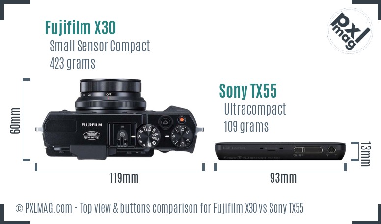 Fujifilm X30 vs Sony TX55 top view buttons comparison
