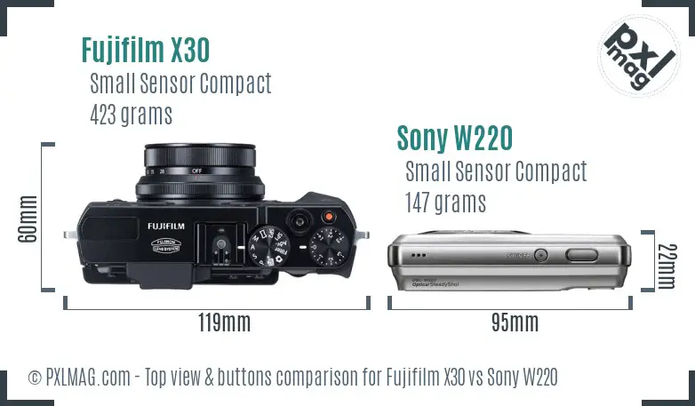 Fujifilm X30 vs Sony W220 top view buttons comparison