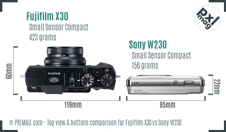 Fujifilm X30 vs Sony W230 top view buttons comparison