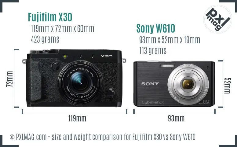 Fujifilm X30 vs Sony W610 size comparison