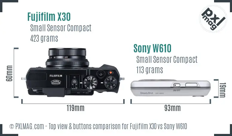 Fujifilm X30 vs Sony W610 top view buttons comparison