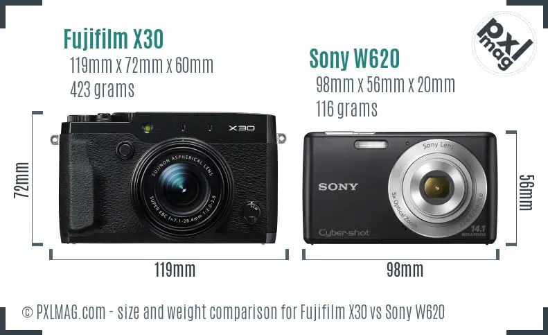 Fujifilm X30 vs Sony W620 size comparison