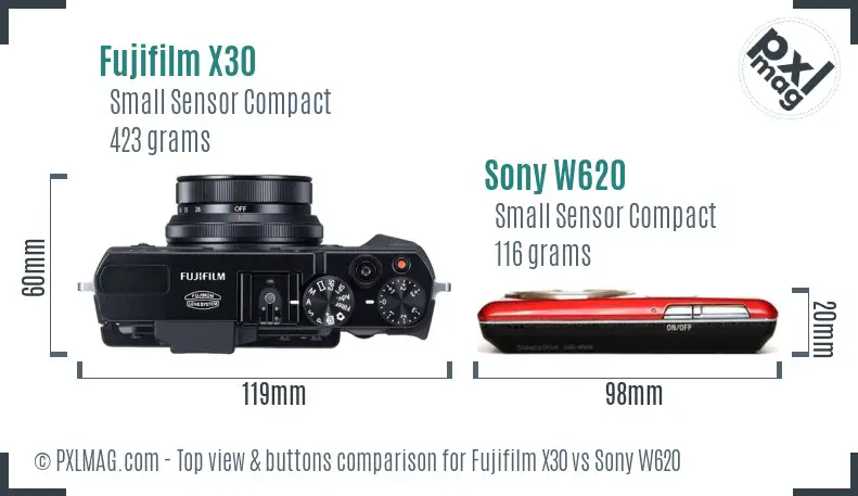 Fujifilm X30 vs Sony W620 top view buttons comparison