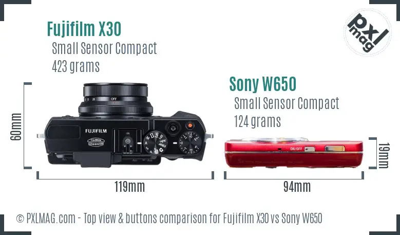 Fujifilm X30 vs Sony W650 top view buttons comparison