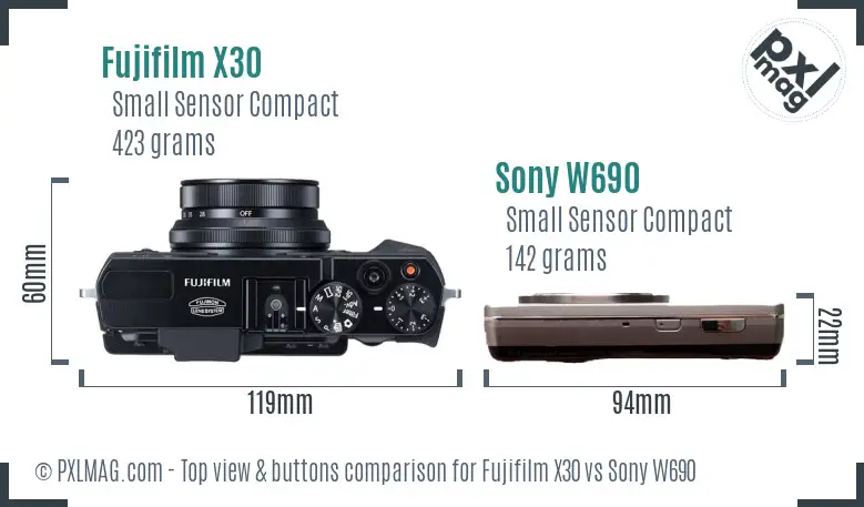 Fujifilm X30 vs Sony W690 top view buttons comparison