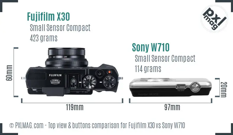 Fujifilm X30 vs Sony W710 top view buttons comparison