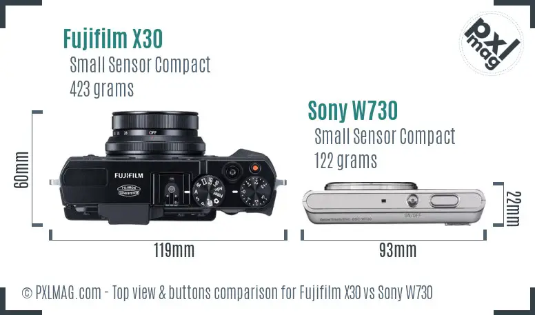 Fujifilm X30 vs Sony W730 top view buttons comparison