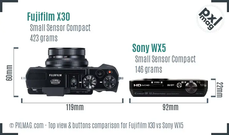 Fujifilm X30 vs Sony WX5 top view buttons comparison