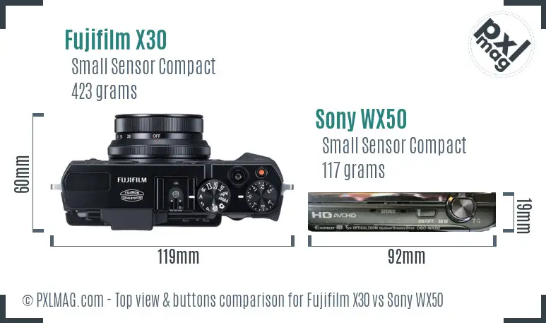 Fujifilm X30 vs Sony WX50 top view buttons comparison