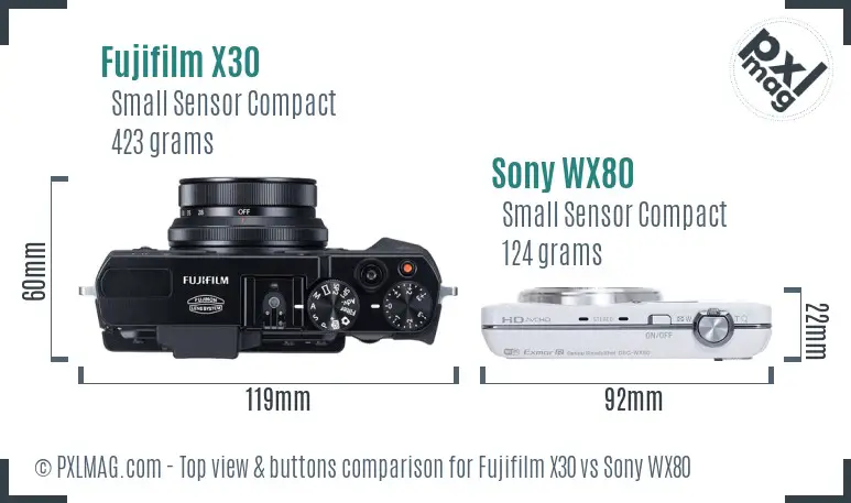 Fujifilm X30 vs Sony WX80 top view buttons comparison