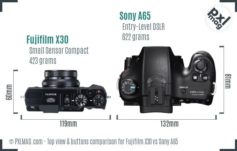 Fujifilm X30 vs Sony A65 top view buttons comparison