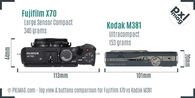 Fujifilm X70 vs Kodak M381 top view buttons comparison