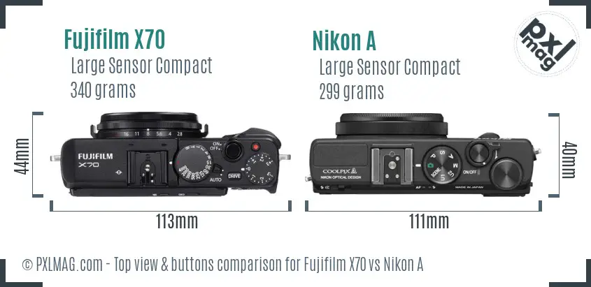 Fujifilm X70 vs Nikon A top view buttons comparison