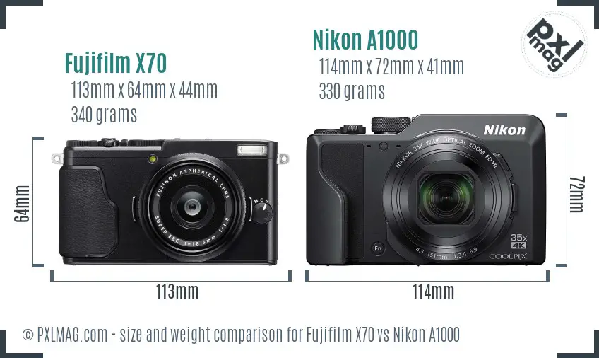 Fujifilm X70 vs Nikon A1000 size comparison