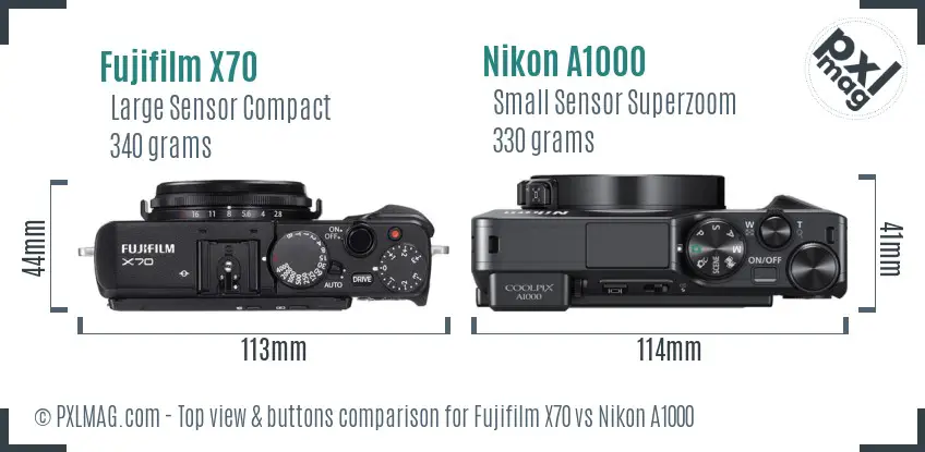 Fujifilm X70 vs Nikon A1000 top view buttons comparison