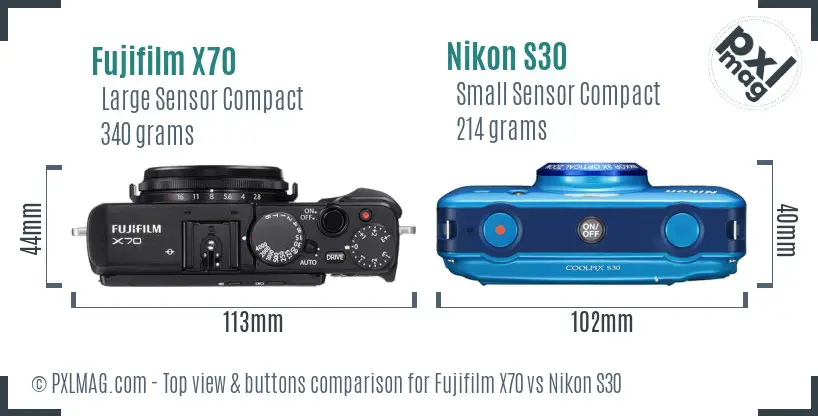 Fujifilm X70 vs Nikon S30 top view buttons comparison