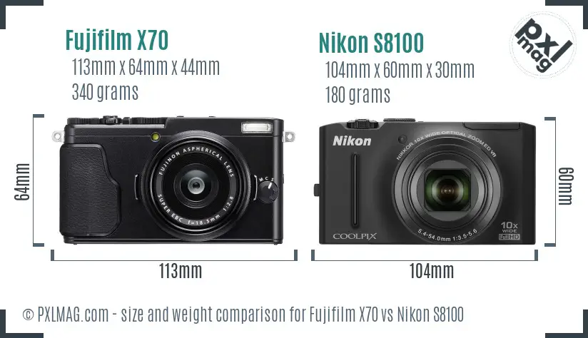 Fujifilm X70 vs Nikon S8100 size comparison