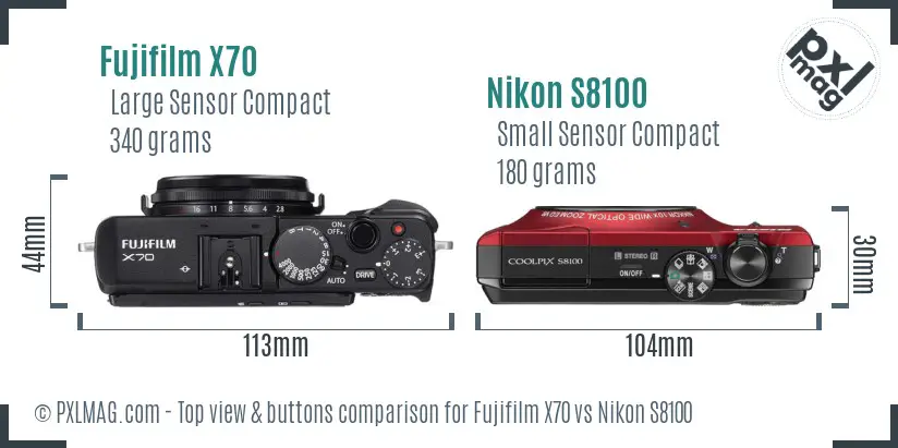 Fujifilm X70 vs Nikon S8100 top view buttons comparison