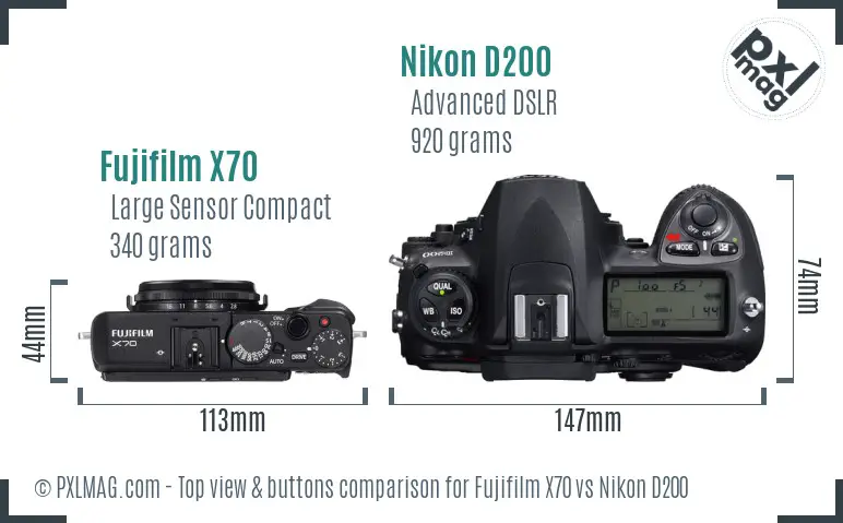 Fujifilm X70 vs Nikon D200 top view buttons comparison