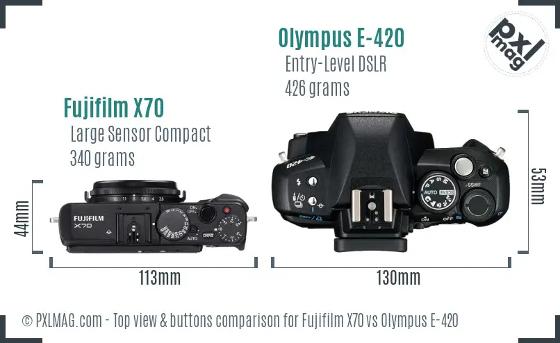 Fujifilm X70 vs Olympus E-420 top view buttons comparison