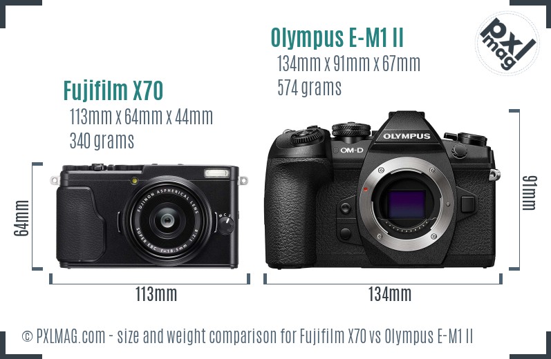 Fujifilm X70 vs Olympus E-M1 II size comparison