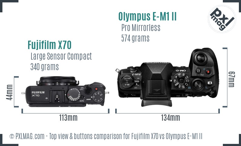 Fujifilm X70 vs Olympus E-M1 II top view buttons comparison