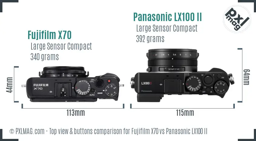 Fujifilm X70 vs Panasonic LX100 II top view buttons comparison