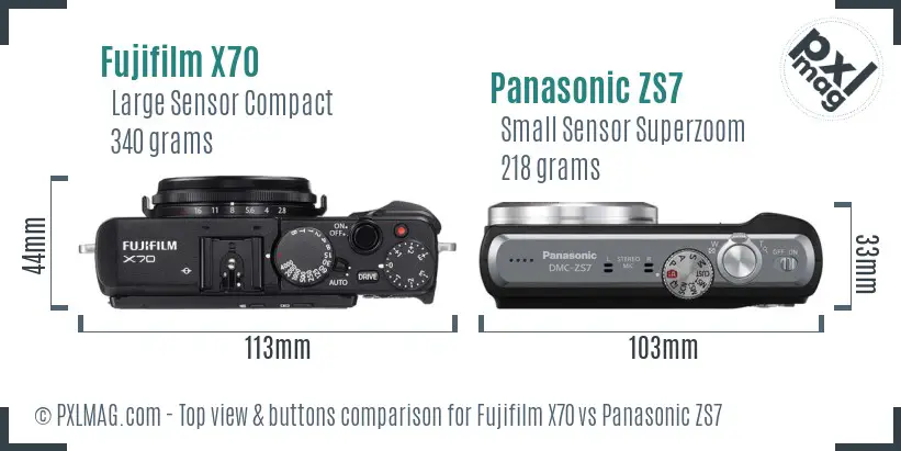 Fujifilm X70 vs Panasonic ZS7 top view buttons comparison