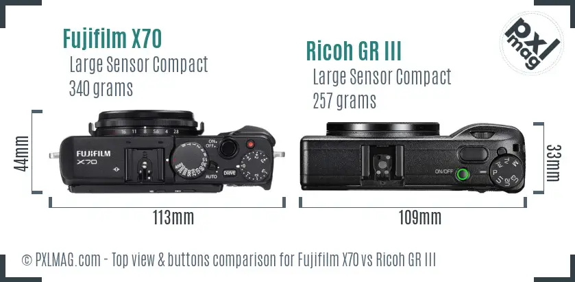 Fujifilm X70 vs Ricoh GR III top view buttons comparison