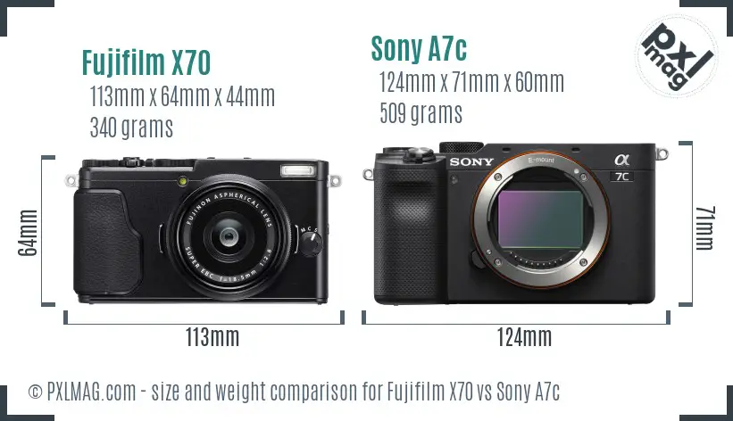 Fujifilm X70 vs Sony A7c size comparison