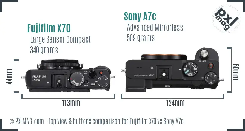 Fujifilm X70 vs Sony A7c top view buttons comparison