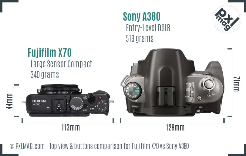 Fujifilm X70 vs Sony A380 top view buttons comparison