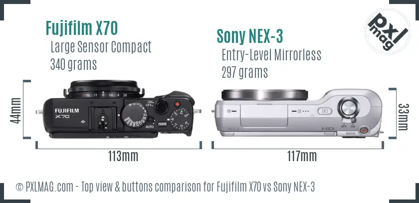 Fujifilm X70 vs Sony NEX-3 top view buttons comparison