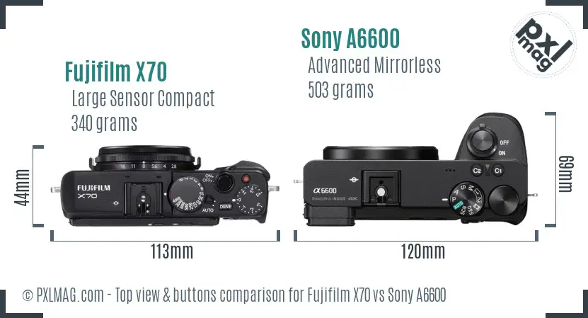 Fujifilm X70 vs Sony A6600 top view buttons comparison
