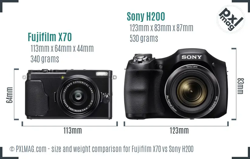 Fujifilm X70 vs Sony H200 size comparison