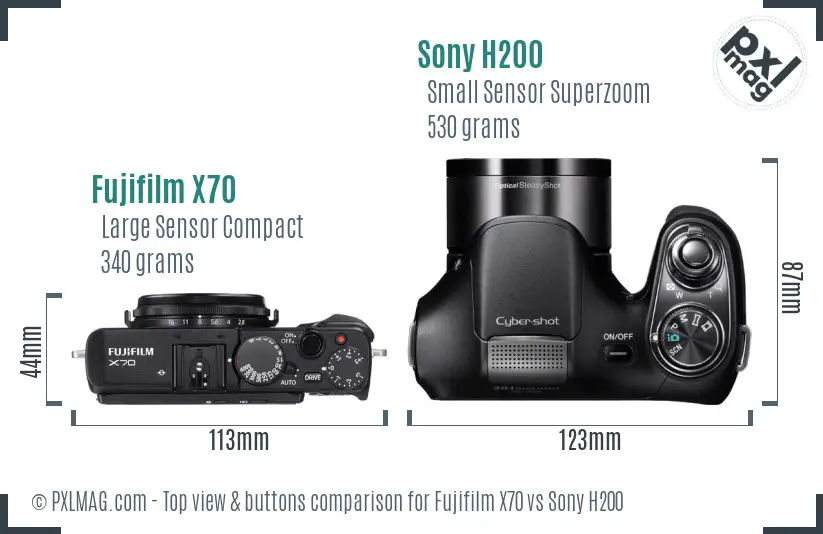 Fujifilm X70 vs Sony H200 top view buttons comparison