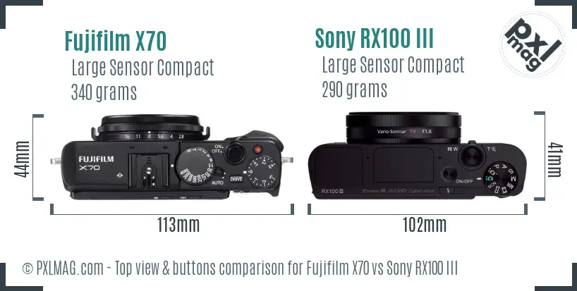 Fujifilm X70 vs Sony RX100 III top view buttons comparison