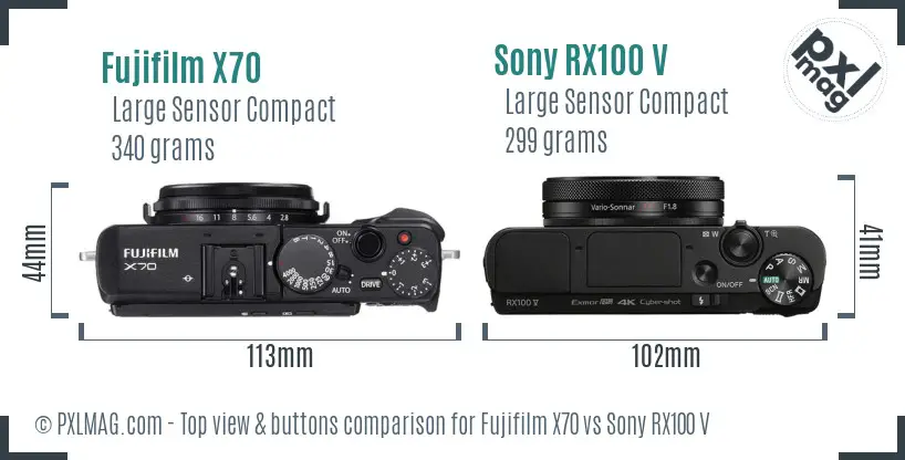 Fujifilm X70 vs Sony RX100 V top view buttons comparison