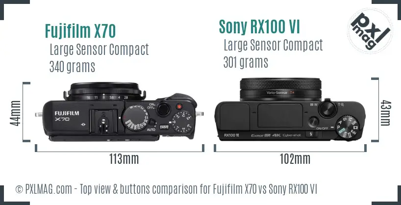 Fujifilm X70 vs Sony RX100 VI top view buttons comparison
