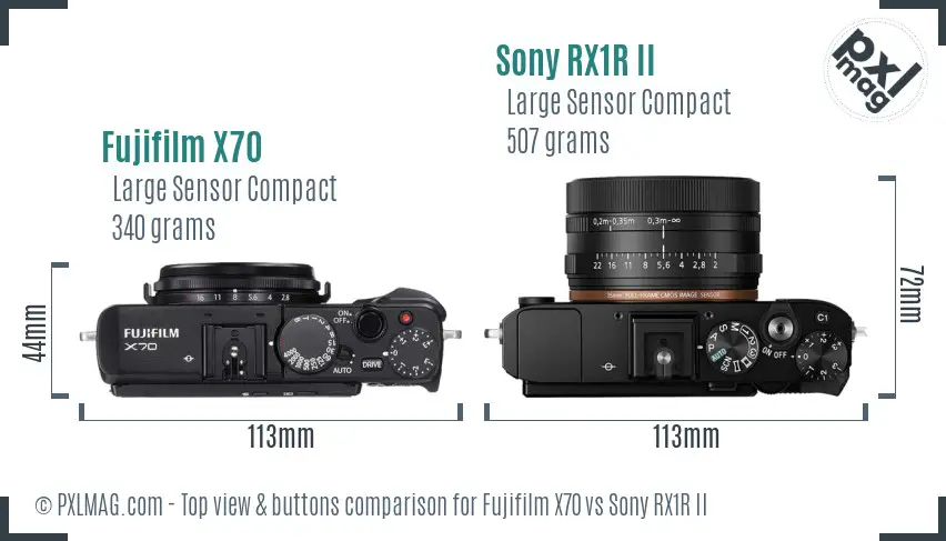Fujifilm X70 vs Sony RX1R II top view buttons comparison