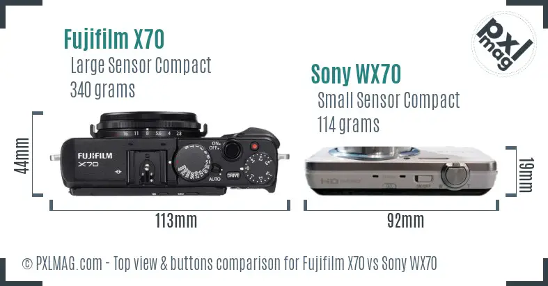 Fujifilm X70 vs Sony WX70 top view buttons comparison