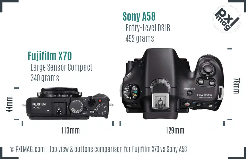 Fujifilm X70 vs Sony A58 top view buttons comparison